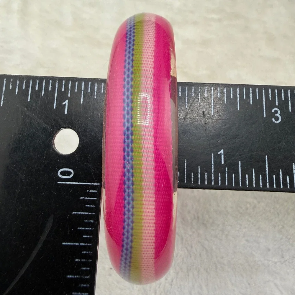 Vintage Bangle Bracelet Pink Striped Fabric Inlay Acrylic Retro 80s 8.5